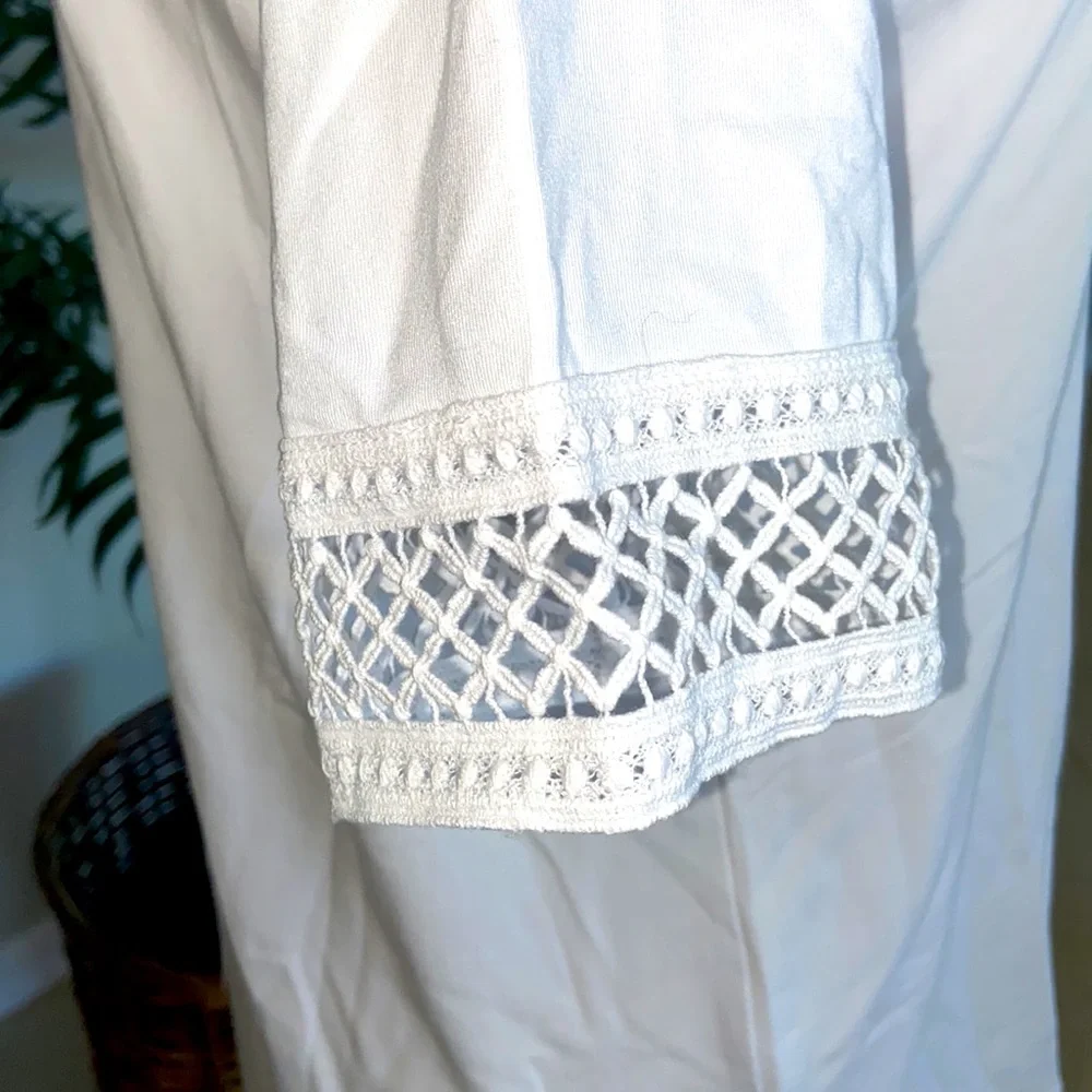 Susan Graver Weekend Cotton Modal Elbow Sleeve Top with Crochet Trim ~ White - Picture 4 of 7